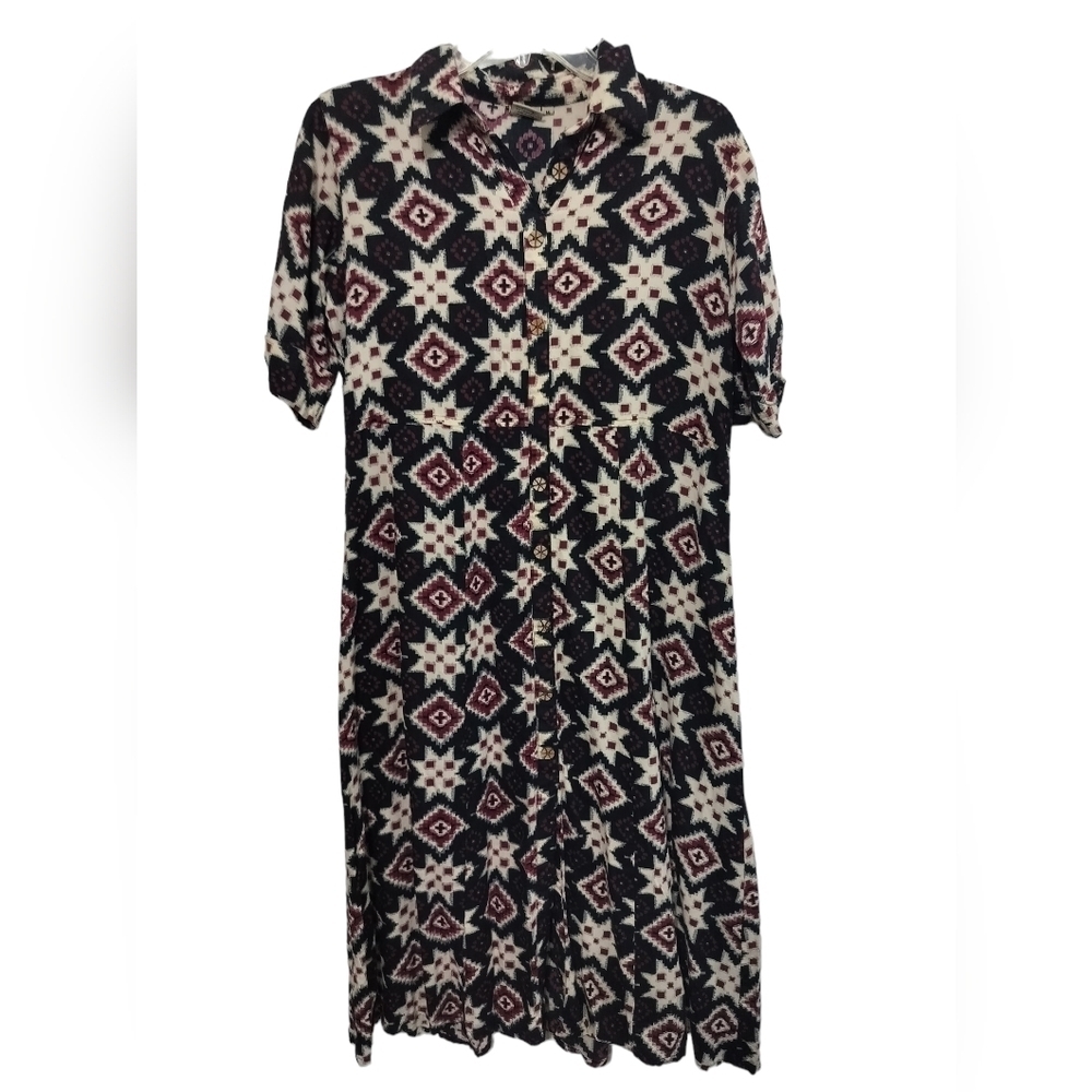 1881) Neerus Indian Women's Geometric Print Short Sleeve Midi Dress Size Medium